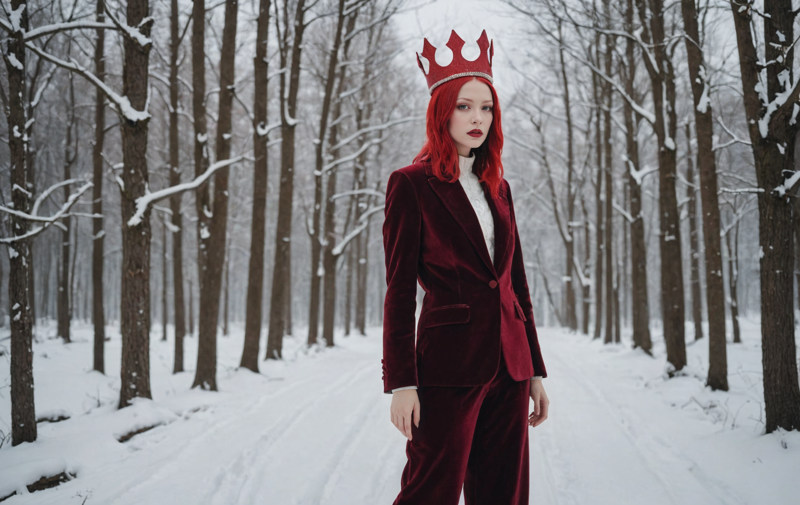 31073614-1271943352-A girl wearing a velvet burgundy suit with a crown in the snow, in the style of vibrant postmodernism, (made of red glitter_1.2).png